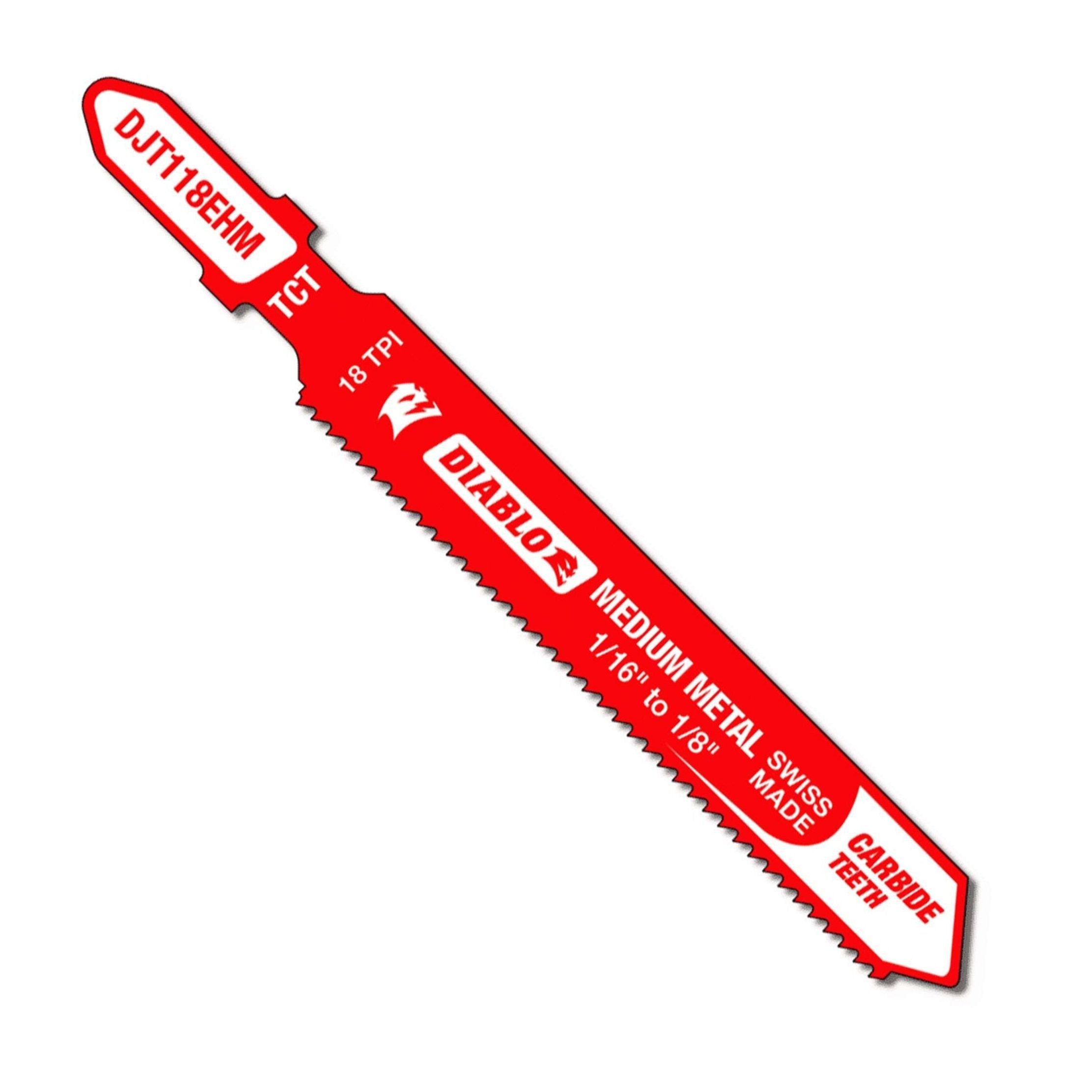 The DIABLO DJT118EHM jigsaw blade features 18 TPI carbide teeth, a T-shank design, and Perma-SHIELD® coating. It is labeled MEDIUM METAL SWISS MADE for cutting 1/16 to 1/4 materials.